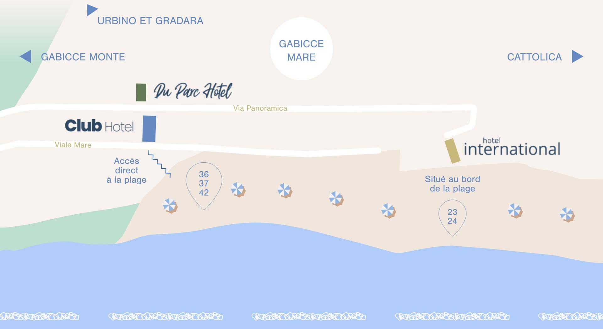 Carte de Gabicce Mare avec hôtels et accès direct à la plage.